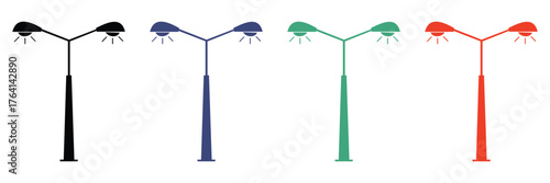 Vintage and Modern Street Lamp Icon Set – Urban Illumination, Smart Lampposts, and Classic
 Double Lantern Silhouettes Vector Illustration
