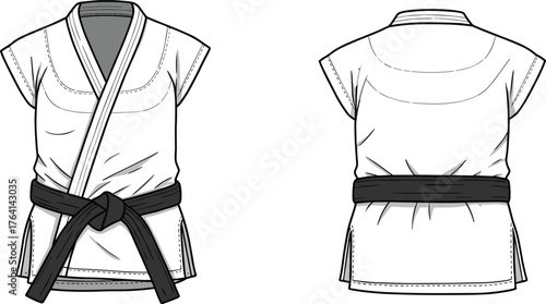Martial arts gi, white uniform, black belt, karate outfit, judo top, Brazilian jiu-jitsu gear, front back view, technical sketch