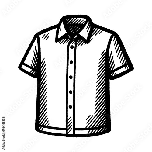 Black and white illustration of a short sleeve button-up shirt, ideal for fashion, clothing, or graphic design themes.