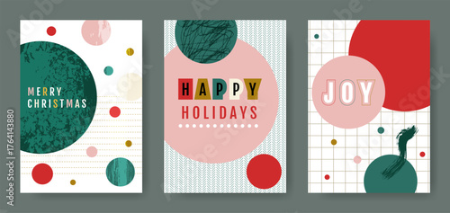 Christmas greeting cards patterned geometric circles. Templates vector set. Design illustration for festive cheer, branded promotions and home decor.