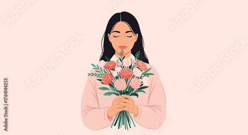 Young woman with closed eyes holding a beautiful bouquet of flowers.