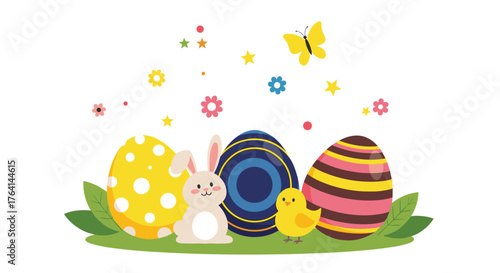 Festive Easter Scene with Decorated Eggs a Bunny and a Chick.