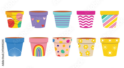 Collection of Ten Colorful Decorated Flower Pots.