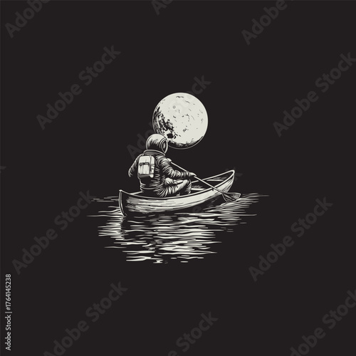 Dark vintage hand-drawn illustration depicting an astronaut paddling a canoe or small boat towards a large, detailed moon reflecting on the water