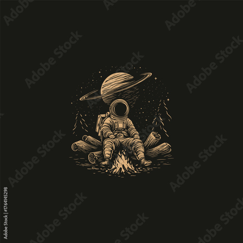 Dark vintage hand-drawn illustration depicting an astronaut sitting by a glowing campfire, resting on logs, with the planet Saturn visible in a starry night sky above a pine forest