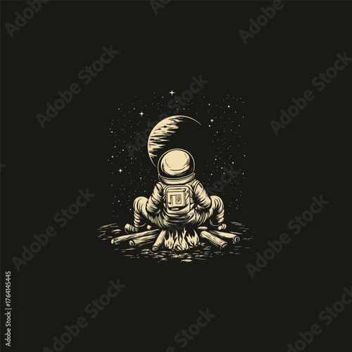 Dark vintage hand-drawn illustration depicting an astronaut sitting by a glowing campfire, resting on logs, with the planet Saturn visible in a starry night sky above a pine forest