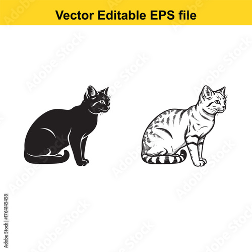 Vector art of two cats, one black silhouette and one detailed sketch, sitting side by side