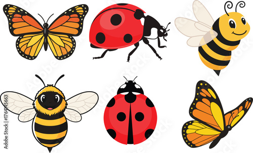 Cute Cartoon Butterfly, Ladybug, and Bee Vector Set