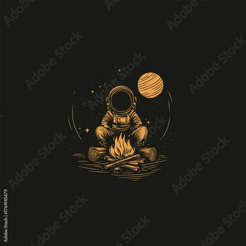 Dark vintage hand-drawn illustration depicting an astronaut sitting by a glowing campfire, resting on logs, with the planet Saturn visible in a starry night sky above a pine forest