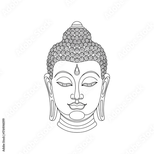 A serene and symmetrical line art illustration of the Buddha's head with closed eyes on a white background.
