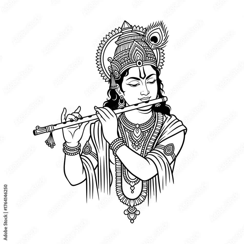 Naklejka premium Black and white illustration of Lord Krishna playing a flute, adorned with traditional ornaments.