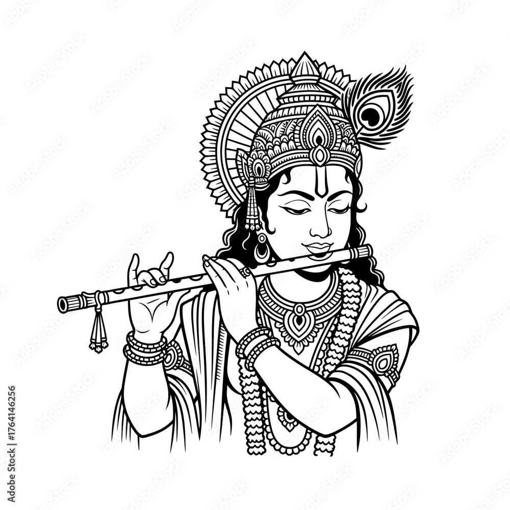 Obraz premium Intricate black and white illustration of Lord Krishna playing a flute, serene expression.