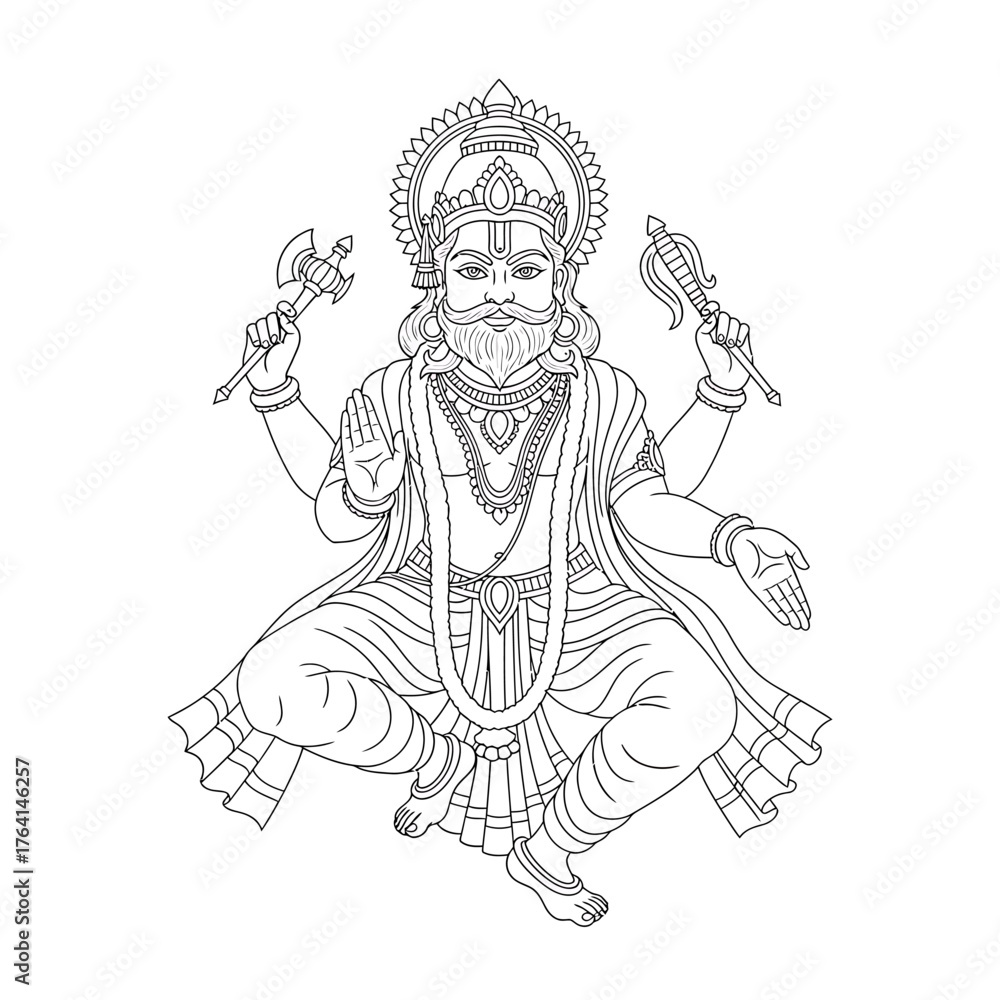 custom made wallpaper toronto digitalDetailed line art illustration of a Hindu deity, seated, holding weapons, and adorned with jewelry.