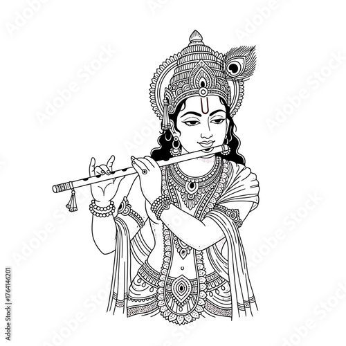 Line art depiction of Krishna playing the flute, adorned with traditional jewelry, clothing, and a peacock feather in his crown.