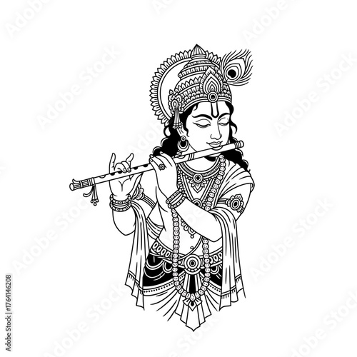 Black and white illustration of Hindu god Krishna playing the flute, adorned with jewelry, a crown, and a peacock feather.