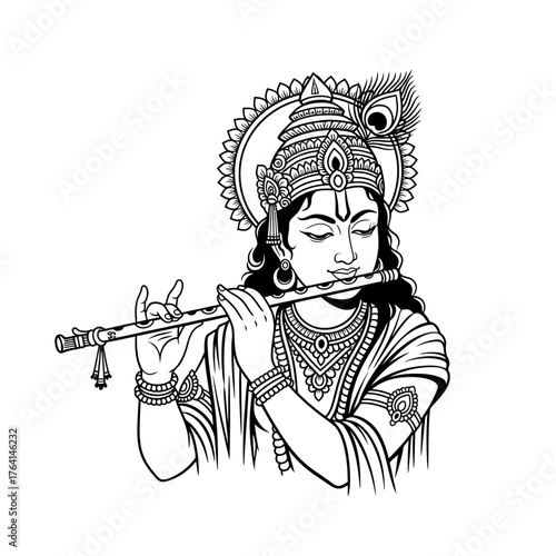 Stylized black and white illustration of Lord Krishna, adorned with a crown and peacock feather, playing a traditional flute.