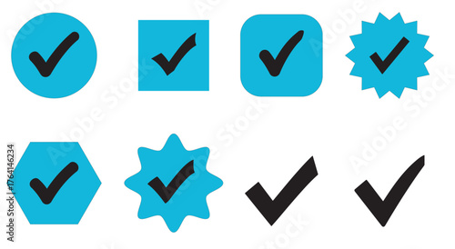 Collection of blue check mark icons isolated on white background includes various shapes such as circles, squares, stars, hexagons, and simple check marks, all in a flat design style