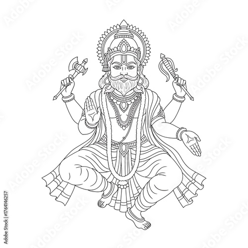 Wallpaper Mural Detailed line art illustration of a Hindu deity, seated, holding weapons, and adorned with jewelry. Torontodigital.ca