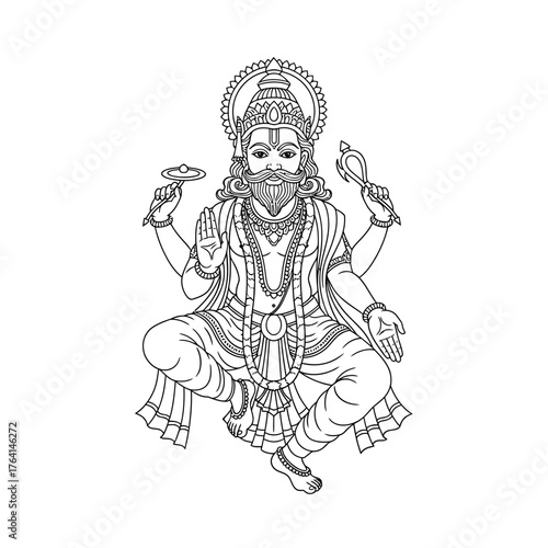 Line art illustration of Kubera, the Hindu god of wealth, seated in a lotus position with four arms and holding symbolic objects.
