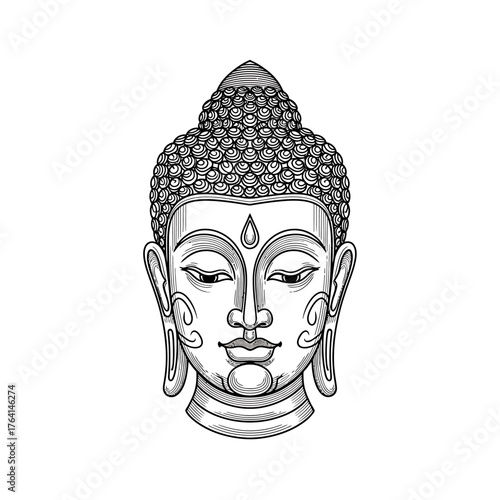 Illustration of Buddha's head in grayscale, featuring a serene expression, detailed hair, and elongated earlobes against a white background.
