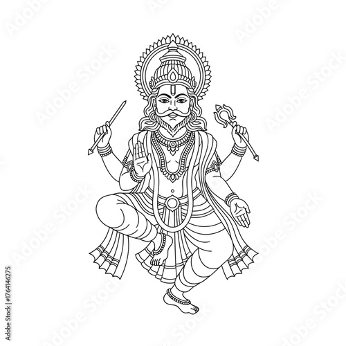 A stylized black and white line drawing depicts a seated deity with multiple arms, adorned in traditional Indian attire and jewelry, holding symbolic objects in each hand.