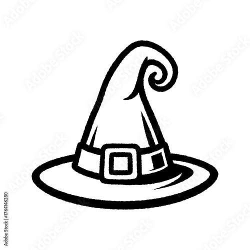 Black and white illustration of a witch hat with a buckle, perfect for Halloween, magic, or fantasy themes.