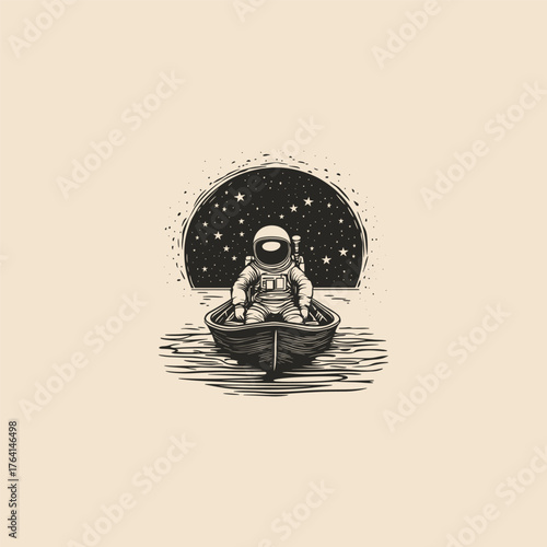 Surreal vintage hand-drawn illustration depicting an astronaut sitting in a small rowboat, calmly drifting on water under a cosmic night sky filled with stars