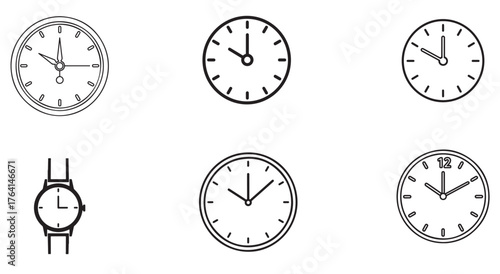 Illustration of various clock designs isolated on white background, showcasing different styles and time displays, from classic analog faces to modern wristwatch designs, perfect for timerelated theme