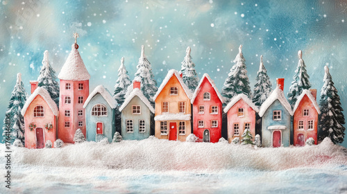 Winter Christmas miniature town illustration with colorful small houses in snow, cozy holiday background for greeting cards, fairytale festive scene and New Year 2026 design concept