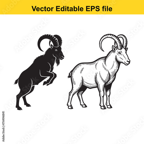 Vector art of two goats, one black silhouette and one white line drawing