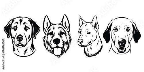 Hand-Drawn Sketch Style Vector Set of Dog Head Portraits