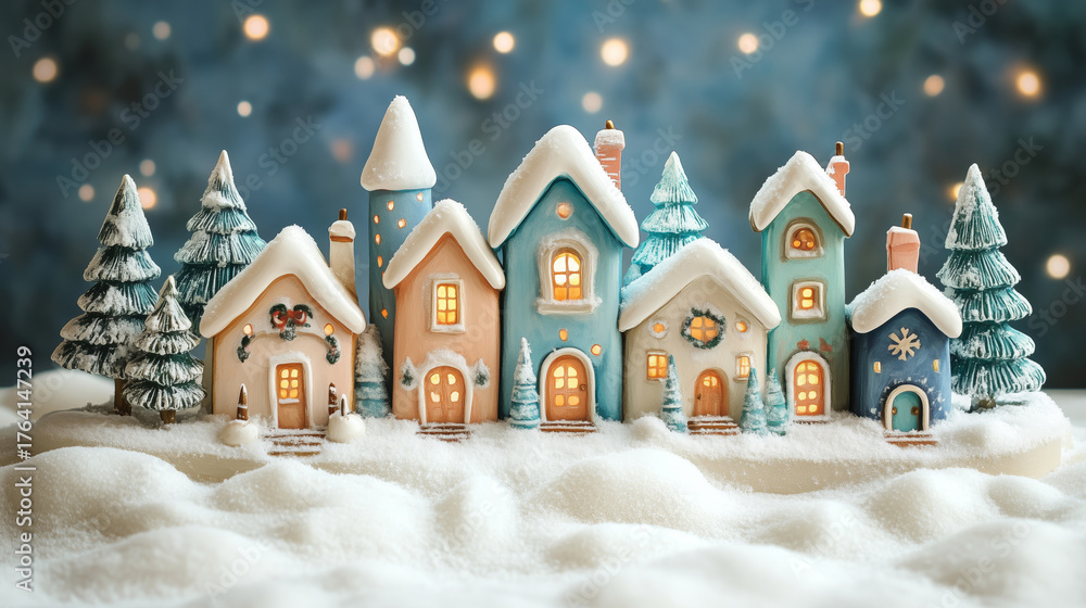 Fototapeta premium Charming winter Christmas village with cute toy houses in snow and cozy atmosphere, perfect festive holiday background for New Year and Christmas greeting cards and illustrations