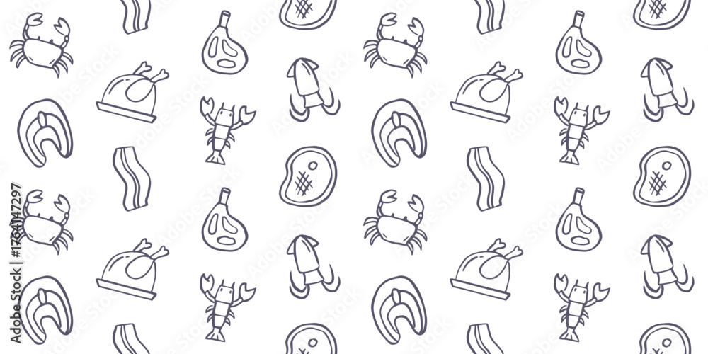 Naklejka premium Seamless Meat and Seafood Doodle Pattern, Minimal Blue Line Art Background, Butcher Shop and Fish Market Food Texture, Grill BBQ Digital Wallpaper Design