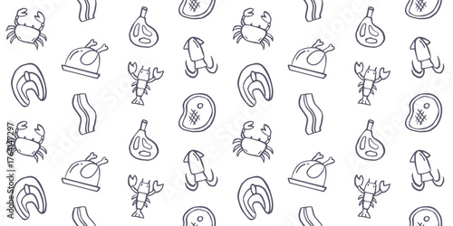 Seamless Meat and Seafood Doodle Pattern, Minimal Blue Line Art Background, Butcher Shop and Fish Market Food Texture, Grill BBQ Digital Wallpaper Design