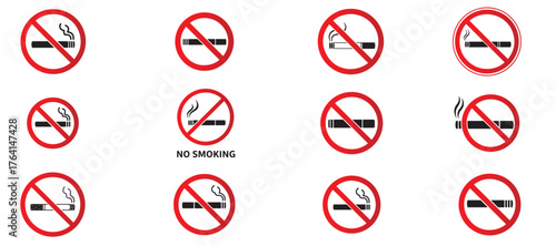 Collection of no smoking signs isolated on white background, indicating smokefree zones and the prohibition of smoking, with various designs and styles for use in public spaces and health campaigns