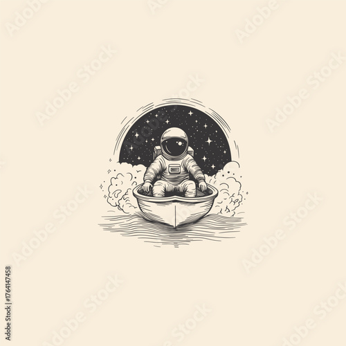 Surreal vintage hand-drawn illustration depicting an astronaut sitting in a small rowboat, calmly drifting on water under a cosmic night sky filled with stars