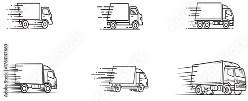 A set of six delivery truck icons isolated on white background, each depicted with varying degrees of motion lines to convey speed and movement, showcasing a range of minimalist designs