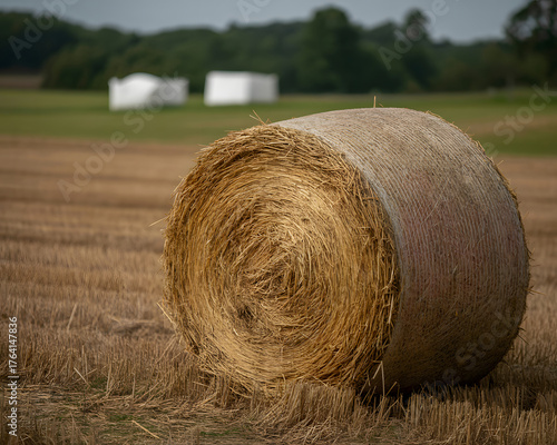 Golden hay bale rests in harvested field under soft overcast sky, evoking rural harvest bounty and agricultural abundance