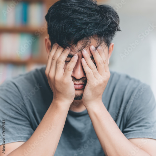 Wallpaper Mural Frustrated Young Asian Man with Hands on Face Feeling Stressed and Anxious, Experiencing Mental Health Issues and Emotional Breakdown, Suffering from Torontodigital.ca