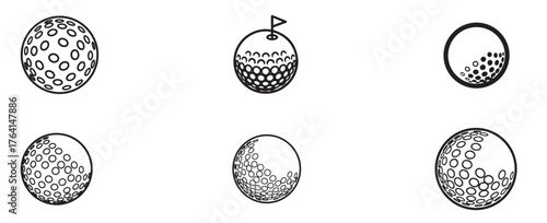 A set of six golf ball icons isolated on white background, each with a unique design and texture, showcasing different styles for representing golf, sports, or recreational activities