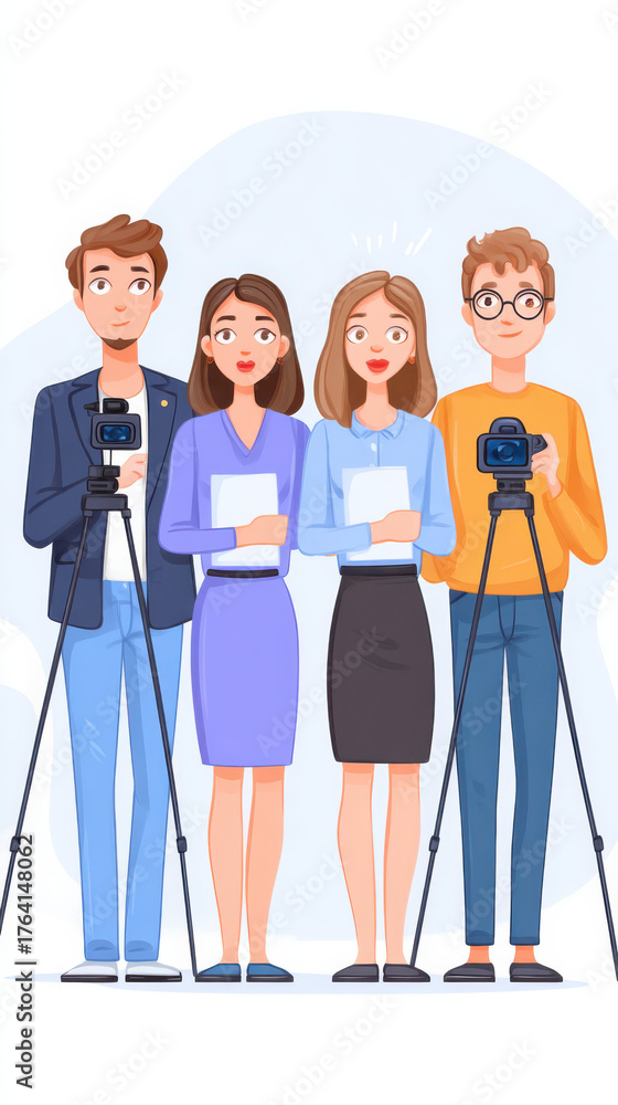 Obraz premium Cartoon Team of Videographers and Journalists Standing Together with Cameras and Documents, Media Professionals, Creative Team, Teamwork Illustration