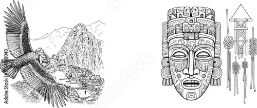 Vintage Machu Picchu, Condor Bird, and Aztec Mayan Mask Vector