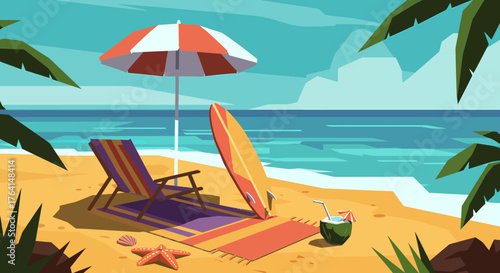 Dreamy beach scene with turquoise waters, swaying palms, and warm sands. Perfect for conveying summer vibes, tropical escapes, and the ultimate vacation relaxation.