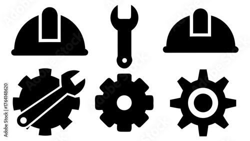 Construction and engineering icons depicting tools and safety equipment in black