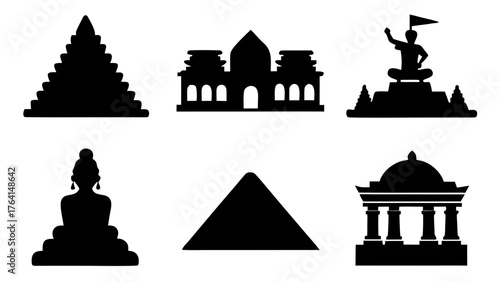 Black silhouettes of southeast asian landmarks and cultural symbols on white