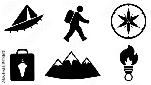 Icons representing travel adventure with sailing hiking mountains and exploration