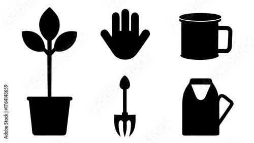 Gardening icons set featuring plant hand trowel mug and watering can in black