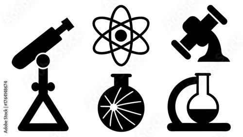 Science equipment icons featuring telescope atom flask and microscope in black