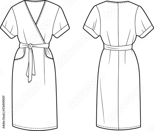 Women's stylish midi length tie-waist wrap dress fashion flat technical sketch vector illustration for apparel design and clothing template.