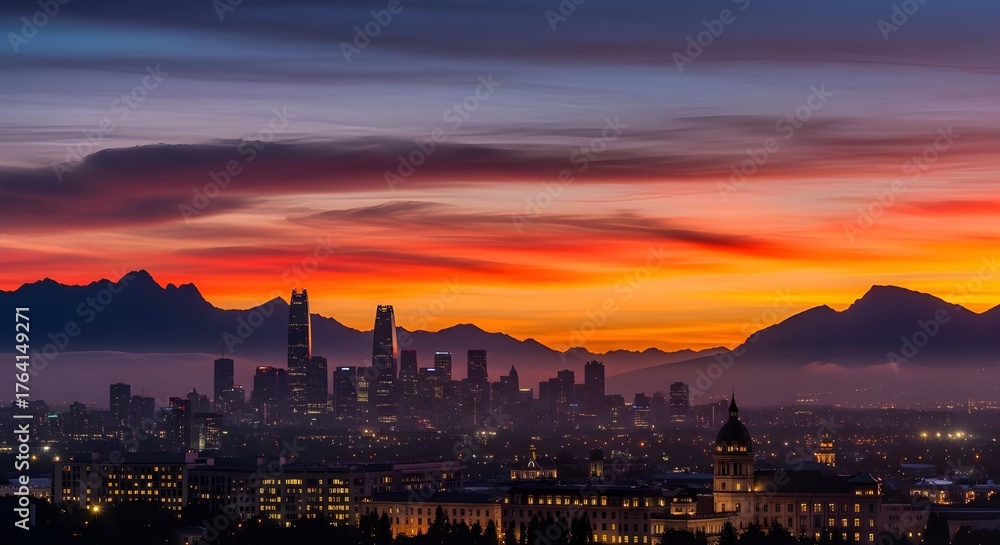 Obraz premium vibrant sunset sky in Suizhou, China, showing mountain peaks and building structures at twilight.